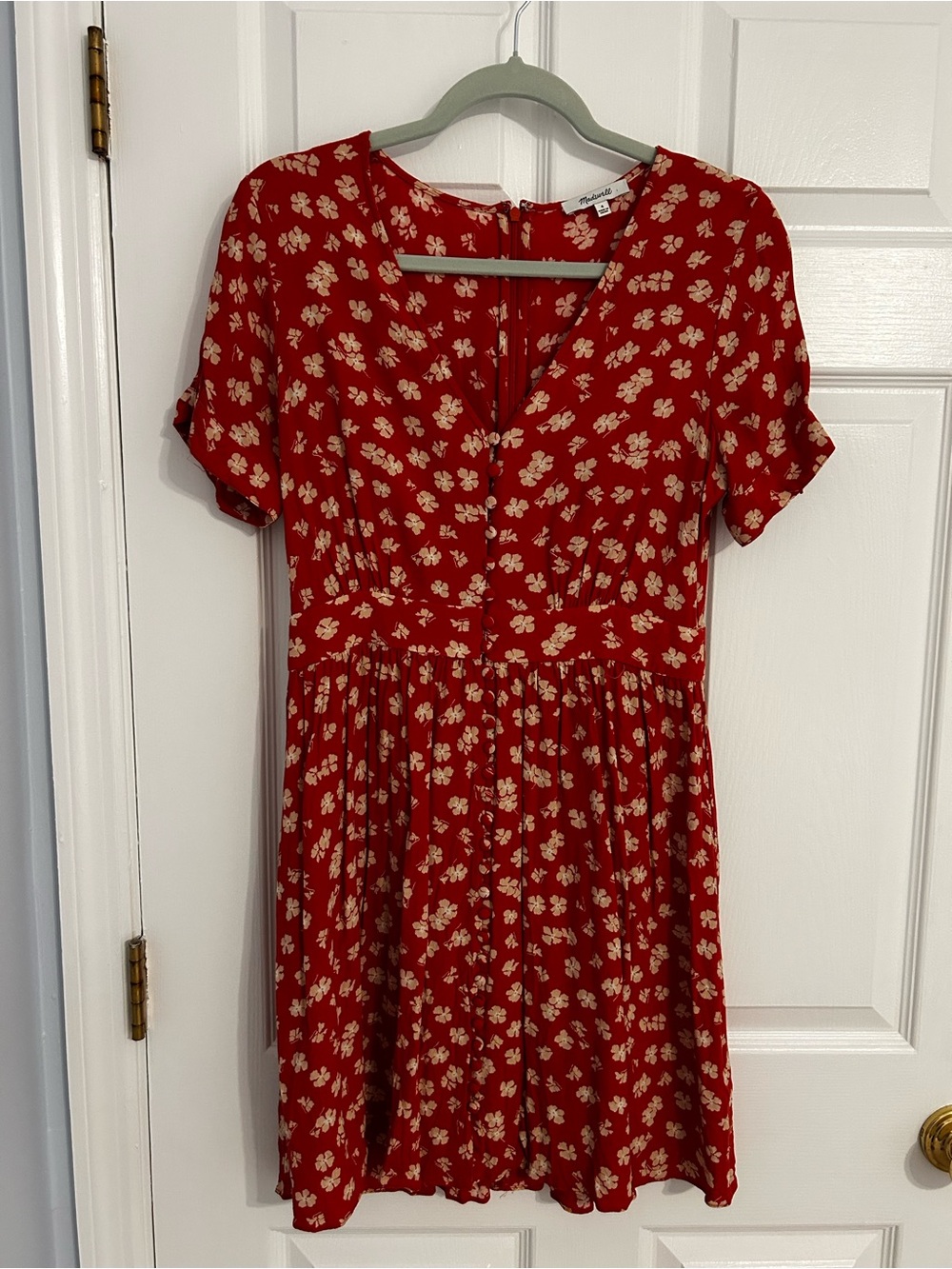 Madewell red floral print dress with covered buttons